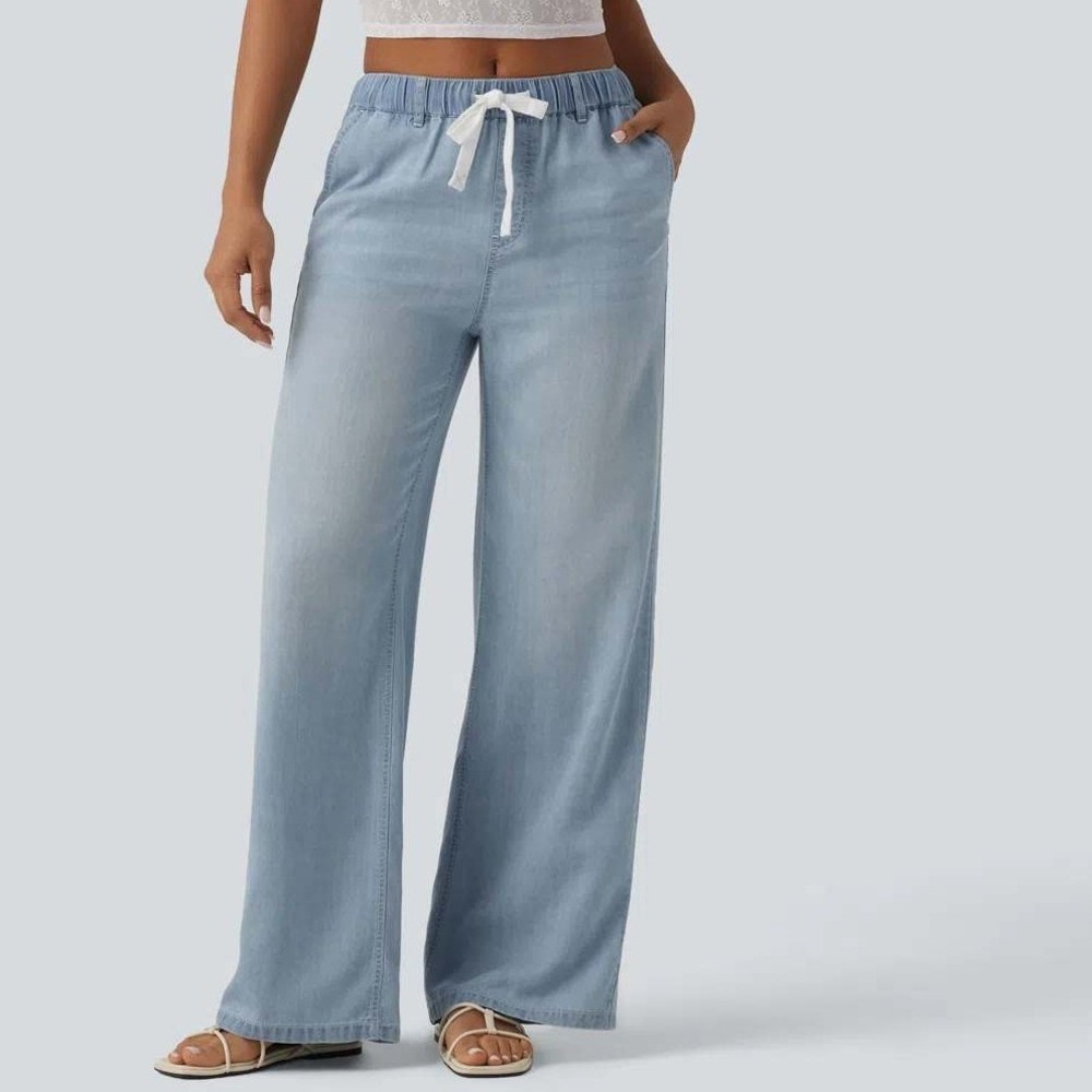 Halara Light Wash Mid Rise Drawstring Casual Jeans with Pockets Women Size M